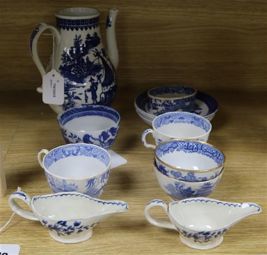 A near pair of 18th century blue and white cream boats, a similar Fisherman and Cormorant pattern coffee pot, etc.